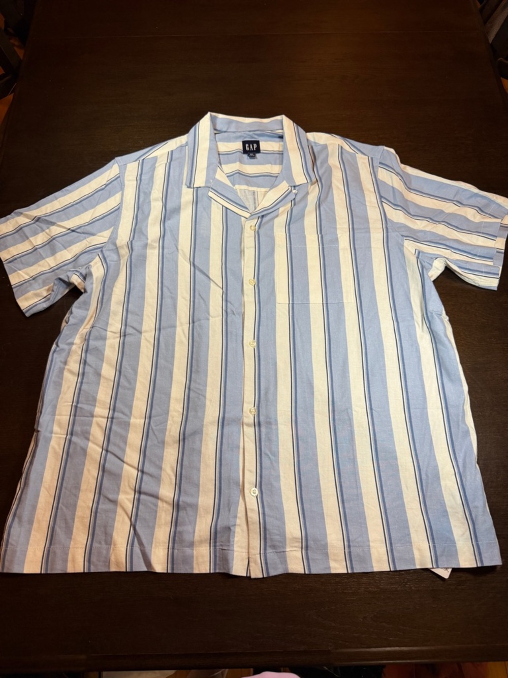 NWT GAP Men's Linen Blend Camp Collar Shirt Blue Stripe Coastal Resort